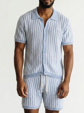 Light Blue Striped Men’s Knit Shorts – Casual Summer Set